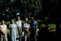 Lowing Reunion, Sept 1954. Left to right ; Mary Jane (Kelley) Taylor, (Aunt) Lilah Maybelle (Lowing) Kelley, Larry Kelley, (Uncle) Harold (?) Kelley, Marlin C. Taylor