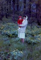 May, 1962. Barbara Jean (Lowing) Brink with Jeanne Marie Brink - Gathering Cowslip greens