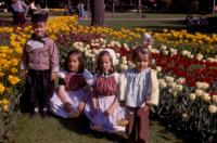 1969. Tulip Festival. Robert Lowing Brink, Jeanne Marie Brink, Anne Renee Brink, Mary Lynne Brink in Centennial Park, Holland, Michigan.