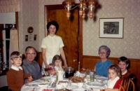 Christmas 1969. Family at Lowings. Robert Lowing Brink, Harold Crandal Lowing (Dad), Barbara Jean (Lowing) Brink, Anne Renee Brink, (Cora) Doris (De Neff) Lowing (Mom), Mary Lynne Brink, Jeanne Marie 
