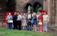 August, 1987. Elgin (Scotland) - Cathedral Ruins. Left to right : Barbara Jean (Lowing) Brink, ?, (Pastor) Willis Jones.